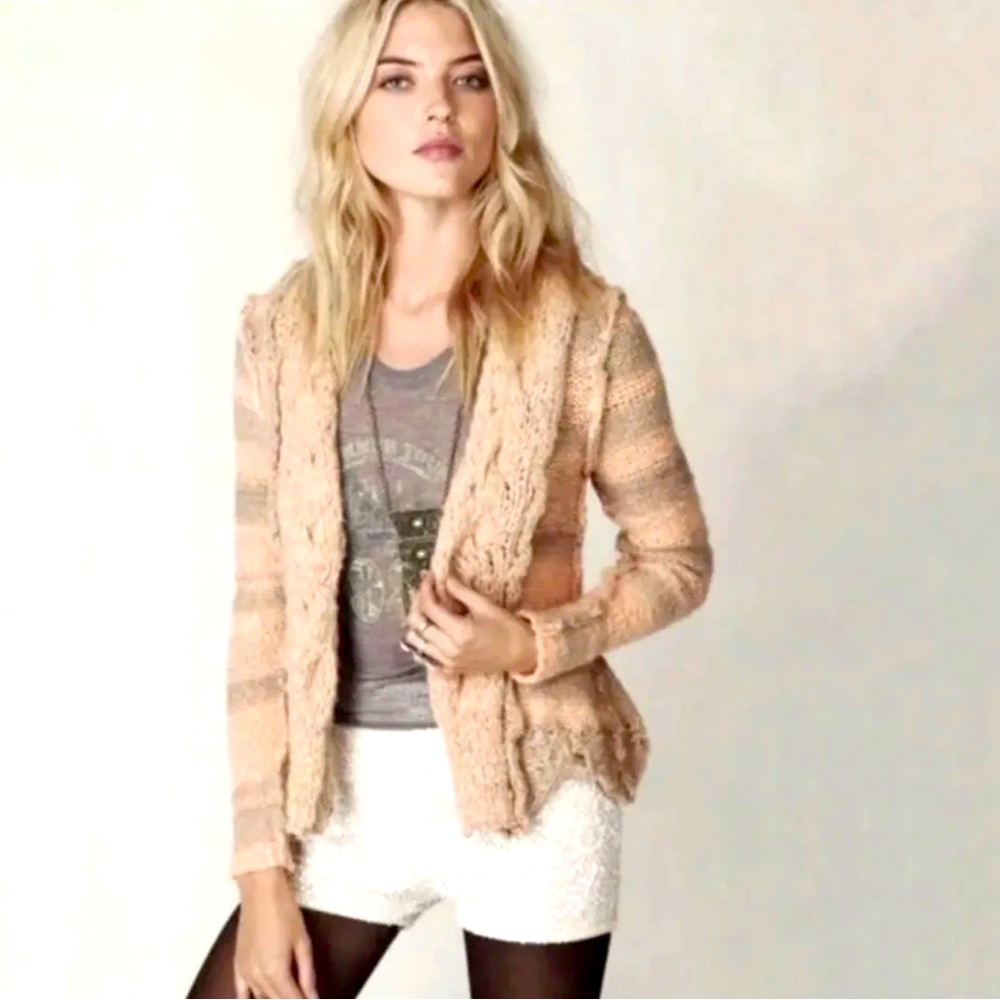 Free People Wool Blend Peach Taupe Striped Chunky Knit Sweater Sz L NWT!